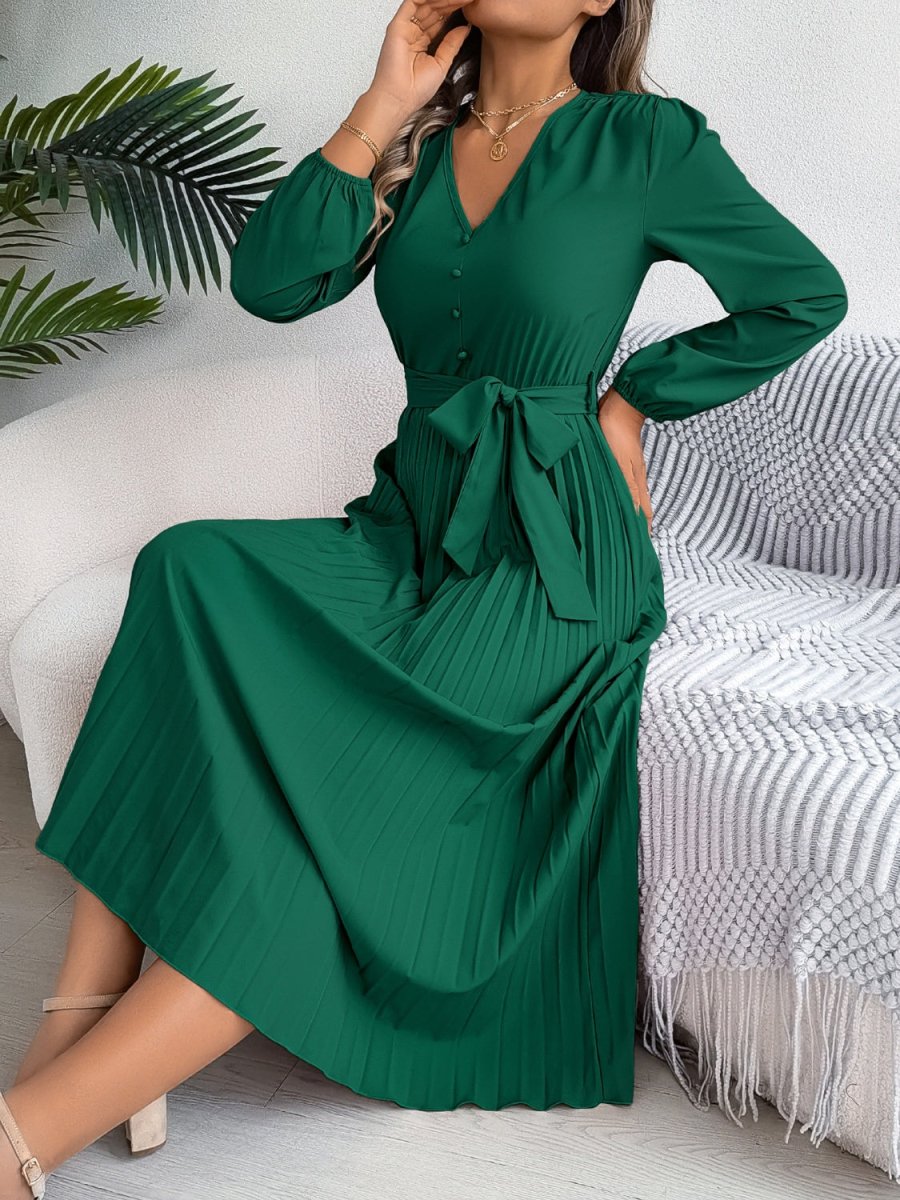Pleated Tied V - Neck Long Sleeve Dress - Casual Dress