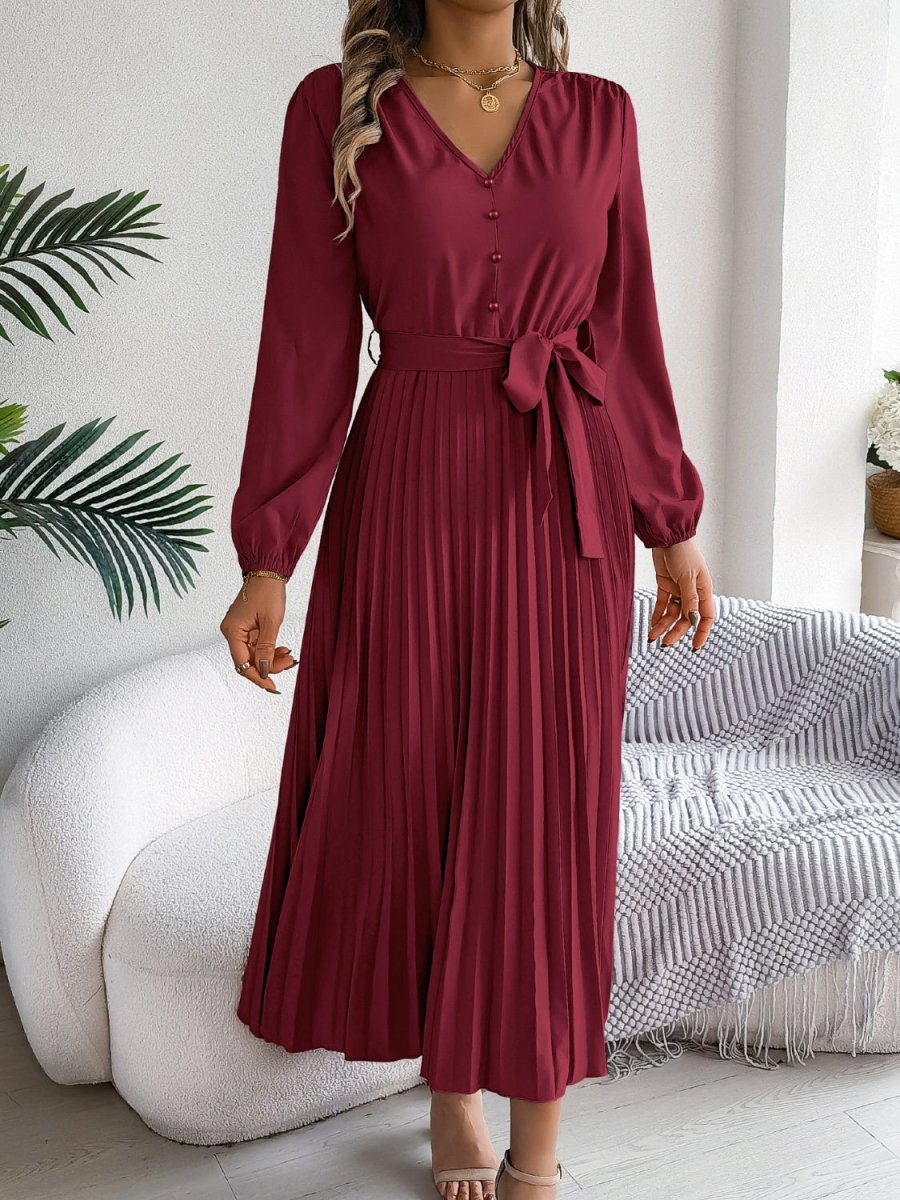 Pleated Tied V - Neck Long Sleeve Dress - Casual Dress