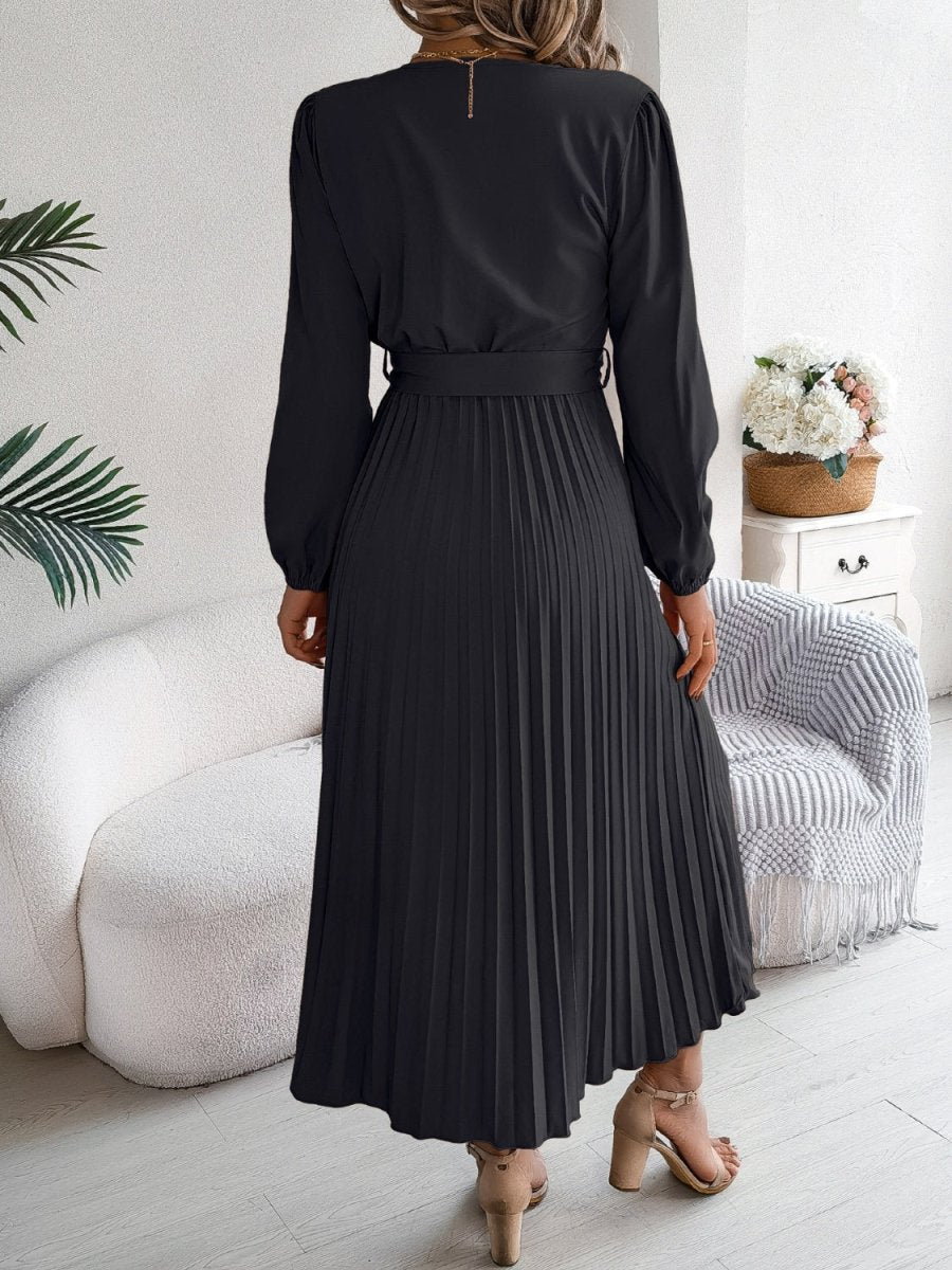 Pleated Tied V - Neck Long Sleeve Dress - Casual Dress