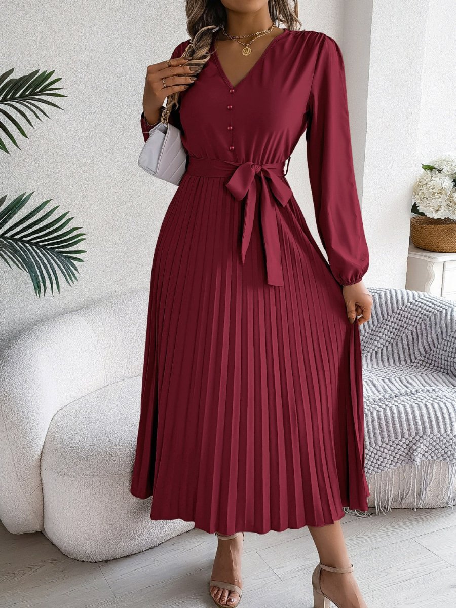 Pleated Tied V - Neck Long Sleeve Dress - Casual Dress