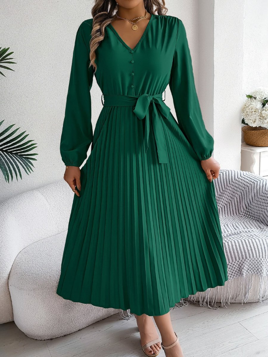 Pleated Tied V - Neck Long Sleeve Dress - Casual Dress