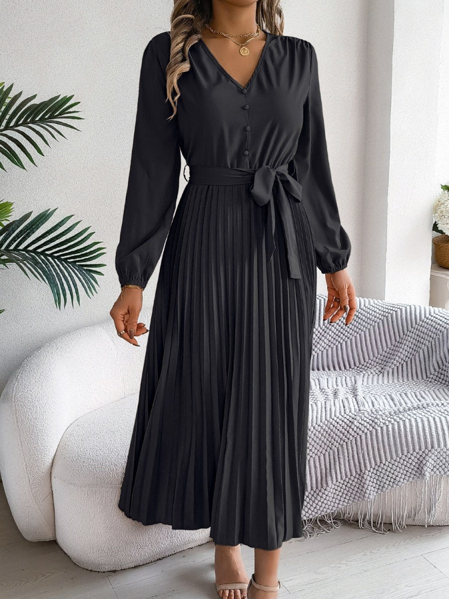 Pleated Tied V - Neck Long Sleeve Dress - Casual Dress