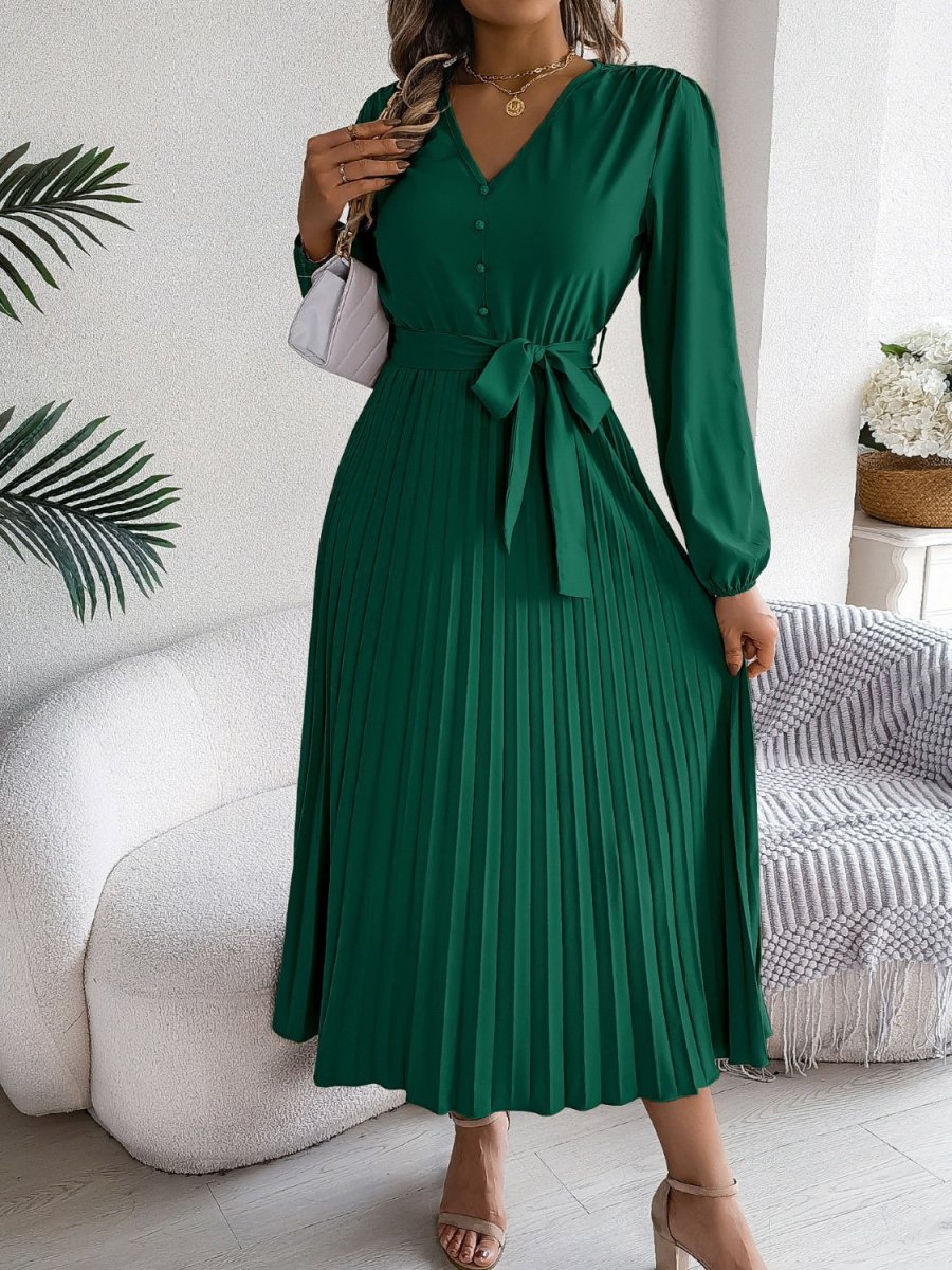 Pleated Tied V - Neck Long Sleeve Dress - Casual Dress
