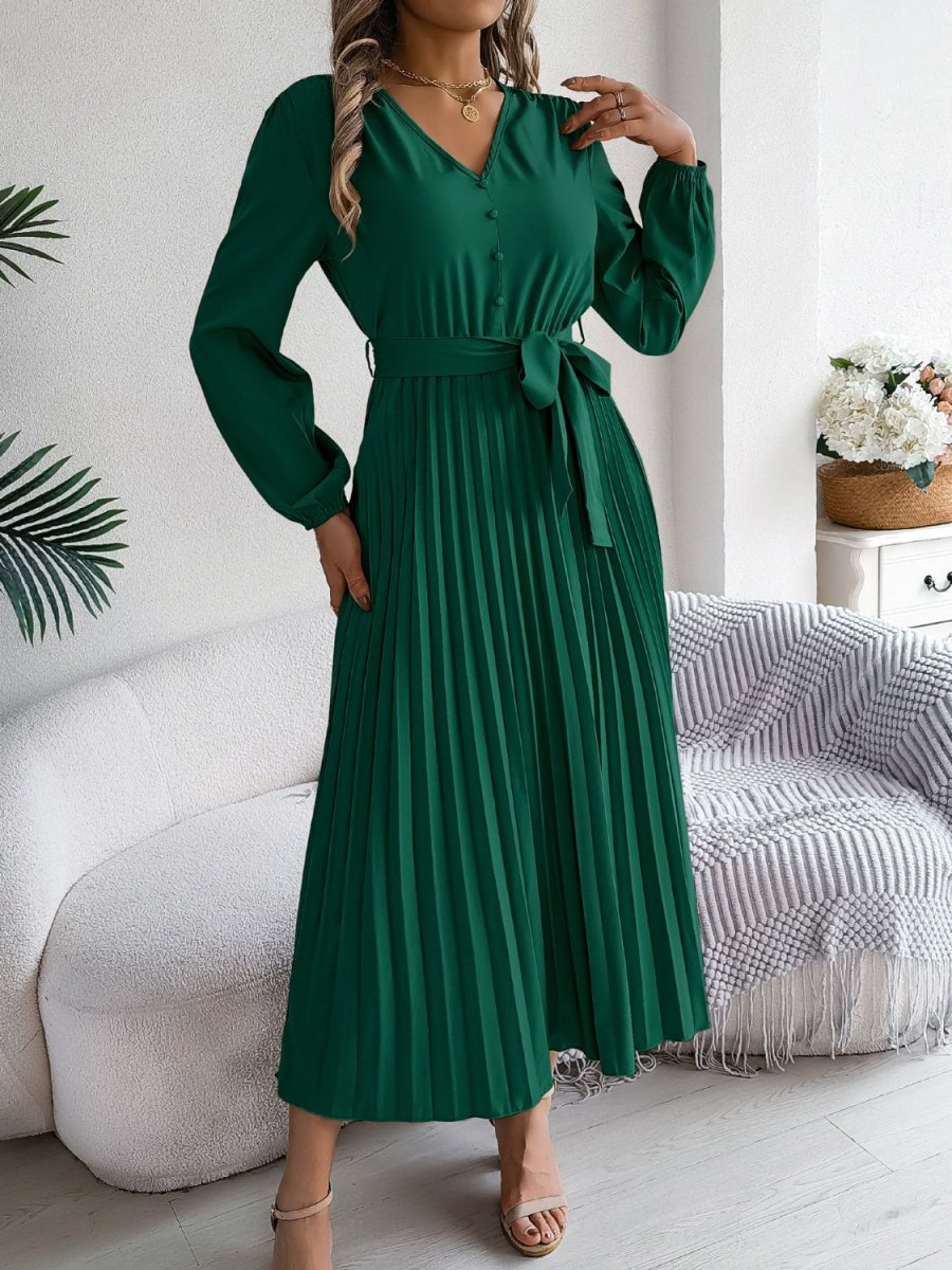 Pleated Tied V - Neck Long Sleeve Dress - Casual Dress