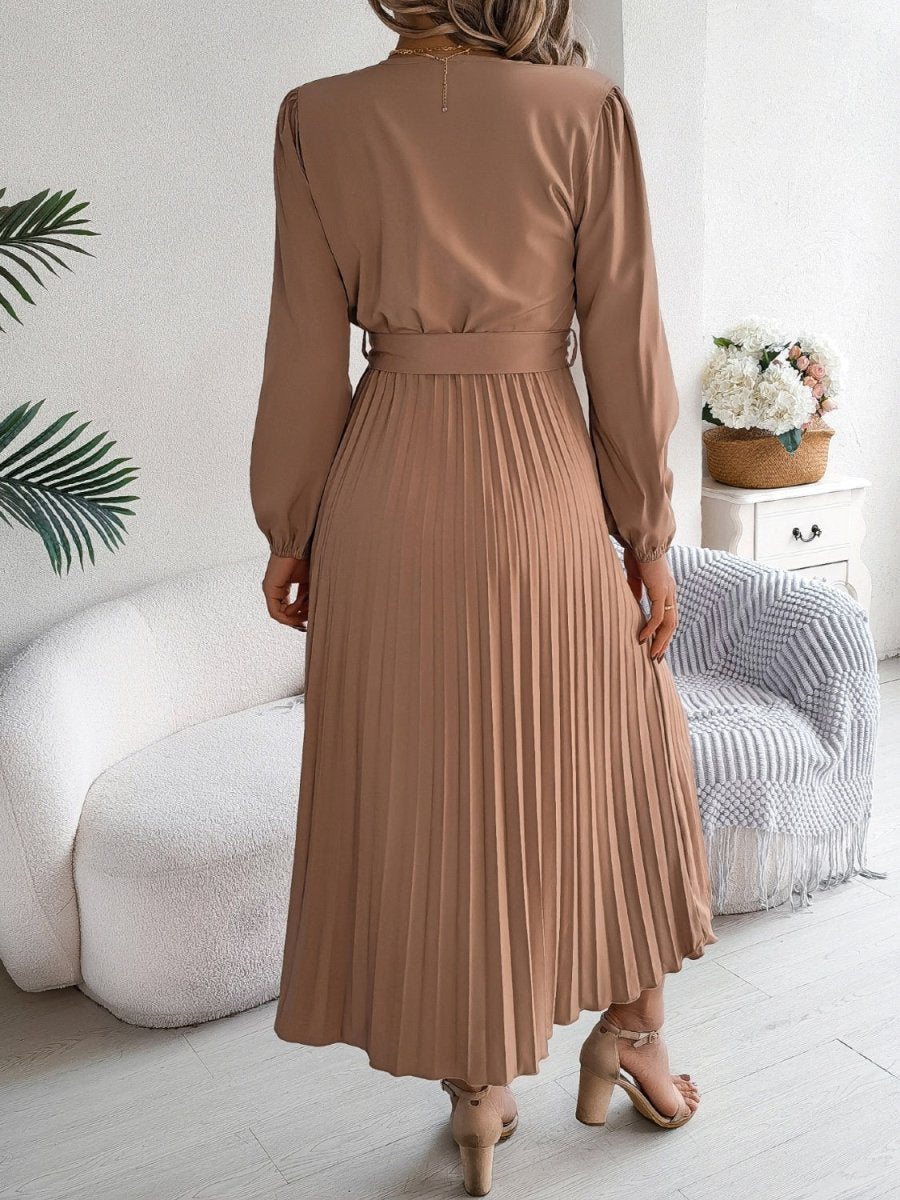 Pleated Tied V - Neck Long Sleeve Dress - Casual Dress