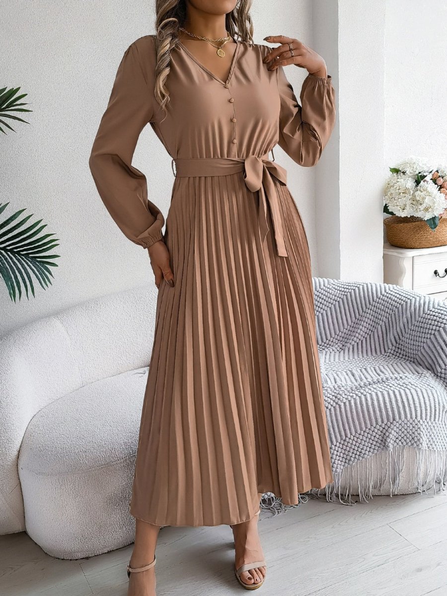 Pleated Tied V - Neck Long Sleeve Dress - Casual Dress