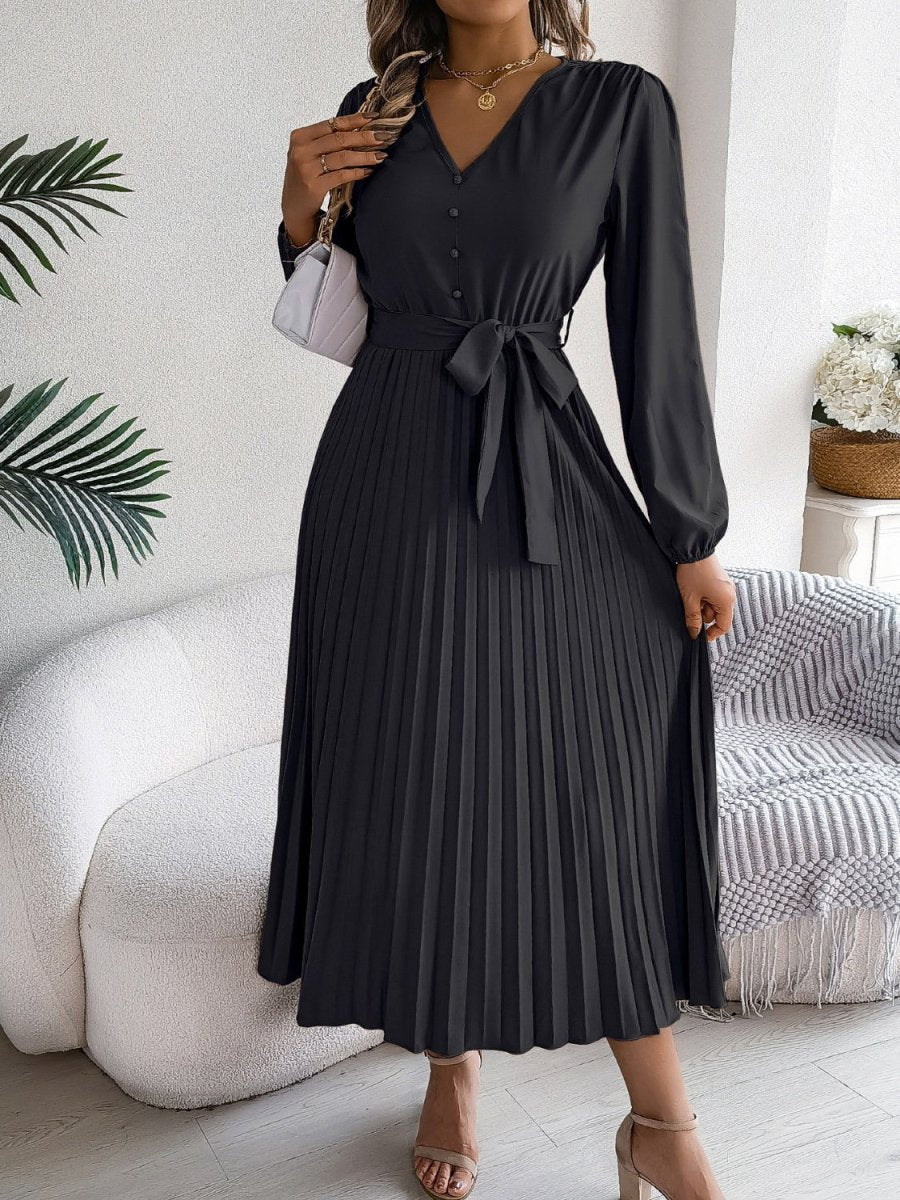 Pleated Tied V - Neck Long Sleeve Dress - Casual Dress