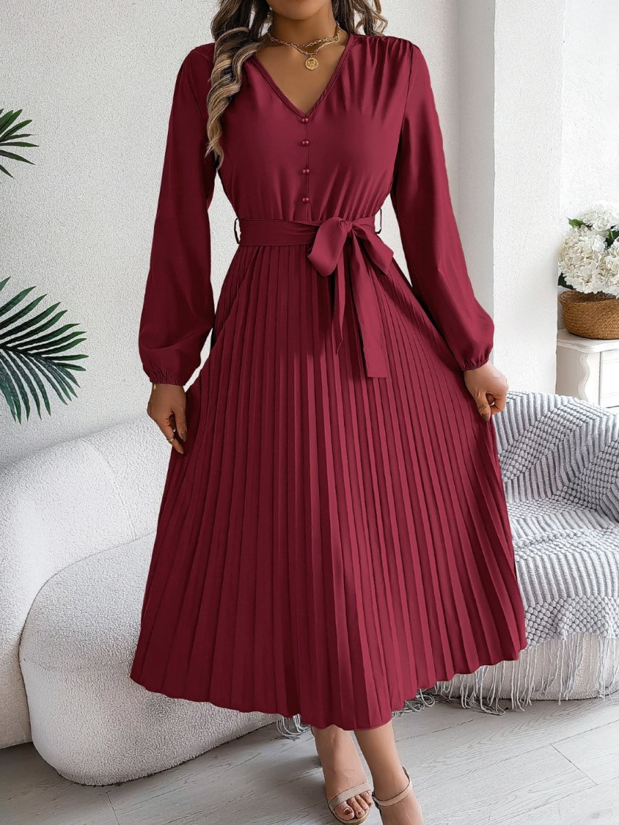 Pleated Tied V - Neck Long Sleeve Dress - Casual Dress