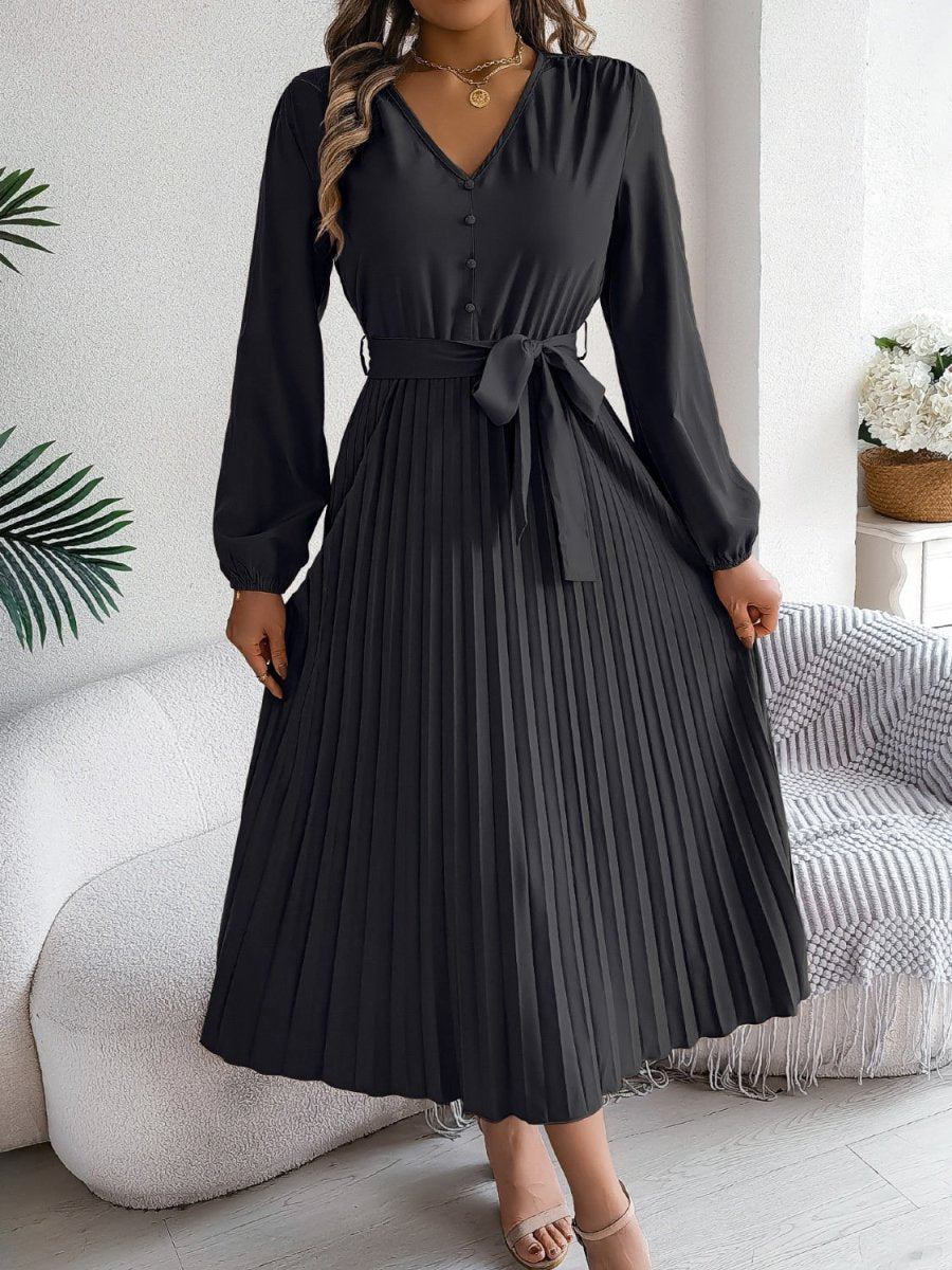 Pleated Tied V - Neck Long Sleeve Dress - Casual Dress