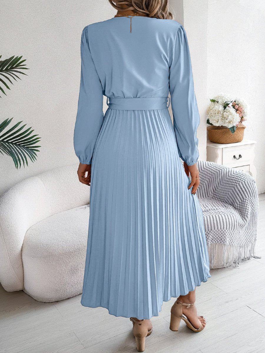 Pleated Tied V - Neck Long Sleeve Dress - Casual Dress