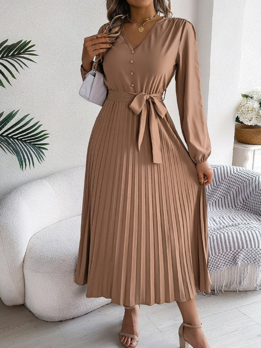 Pleated Tied V - Neck Long Sleeve Dress - Casual Dress