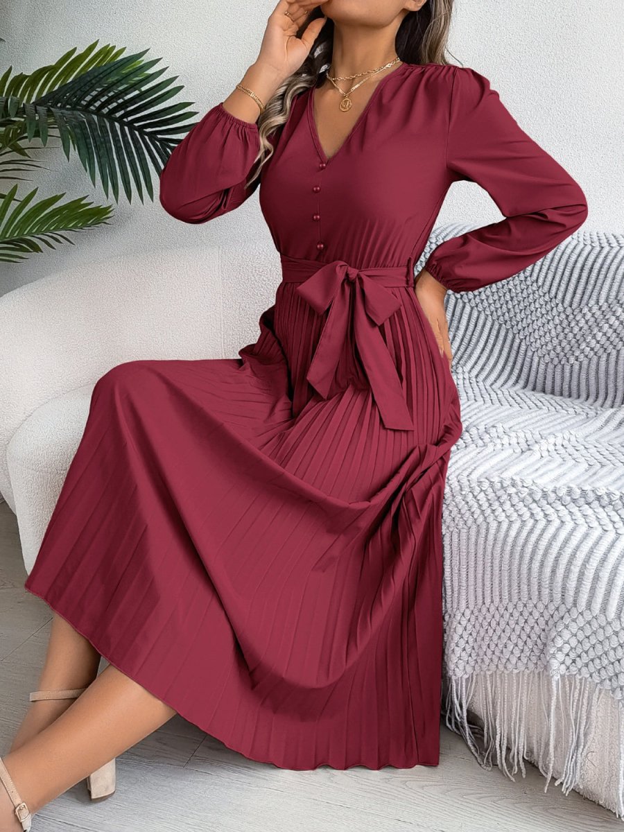 Pleated Tied V - Neck Long Sleeve Dress - Casual Dress