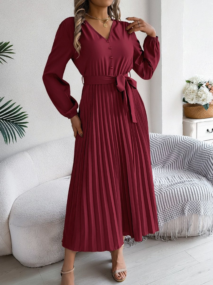Pleated Tied V - Neck Long Sleeve Dress - Casual Dress