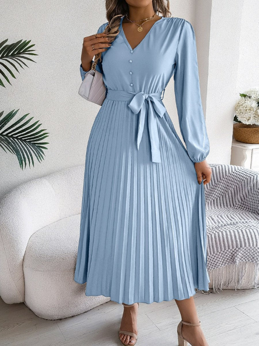 Pleated Tied V - Neck Long Sleeve Dress - Casual Dress
