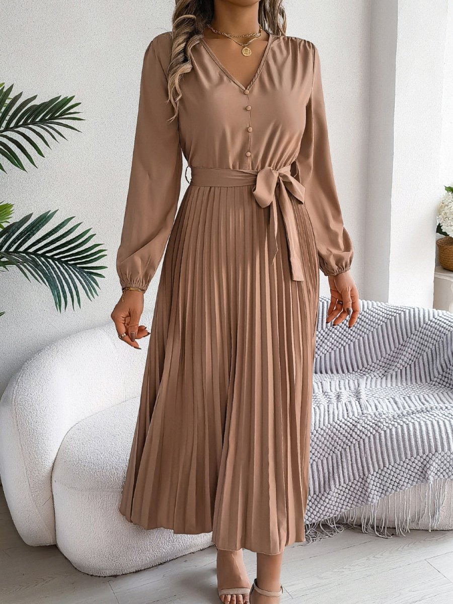 Pleated Tied V - Neck Long Sleeve Dress - Casual Dress
