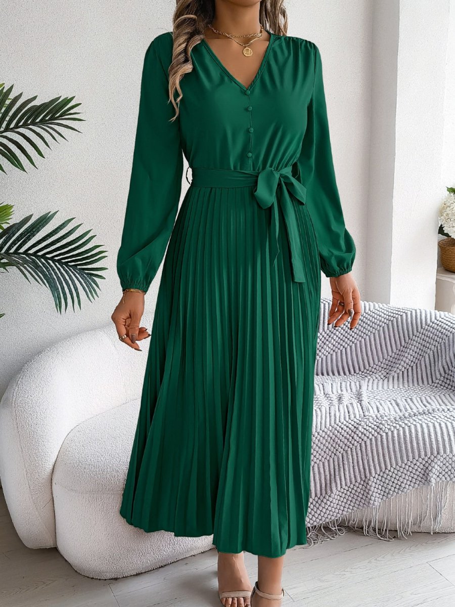 Pleated Tied V - Neck Long Sleeve Dress - Casual Dress