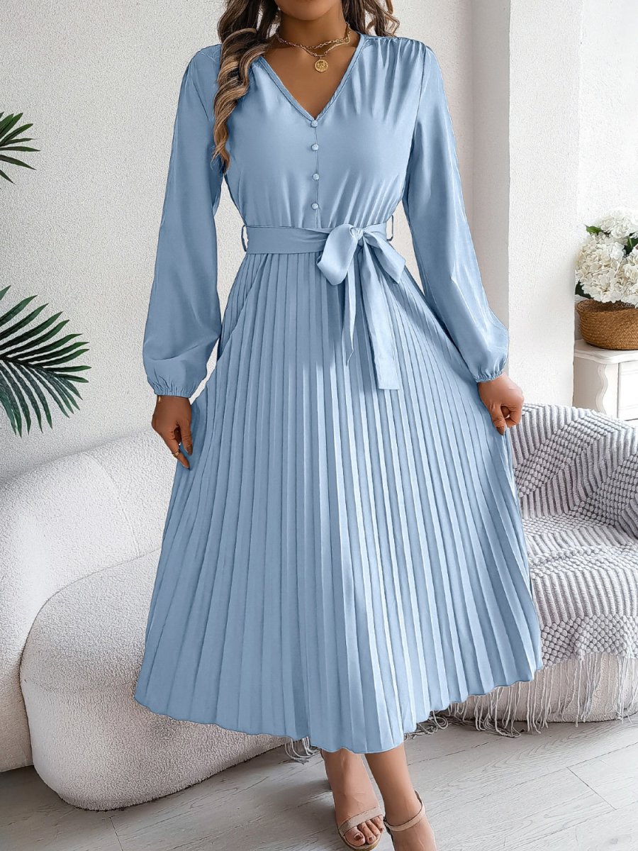 Pleated Tied V - Neck Long Sleeve Dress - Casual Dress