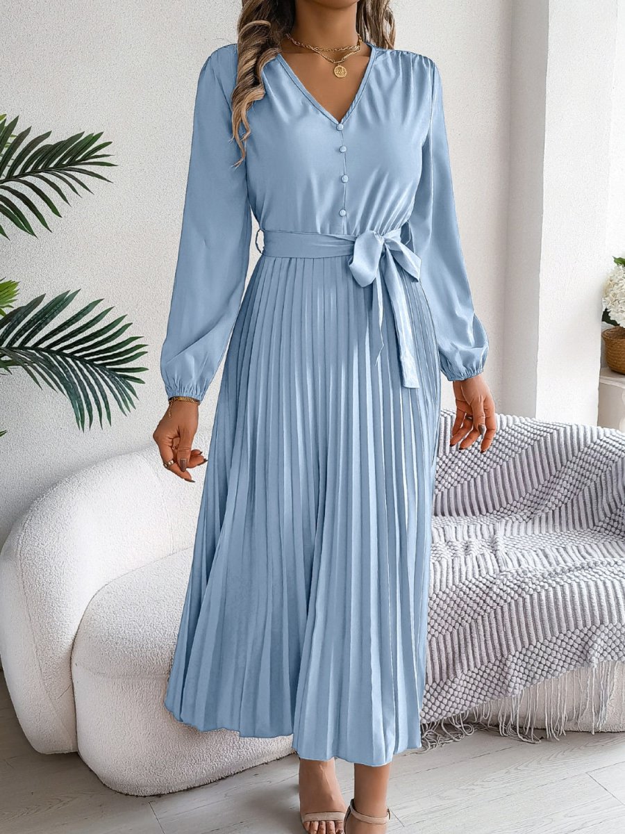 Pleated Tied V - Neck Long Sleeve Dress - Casual Dress