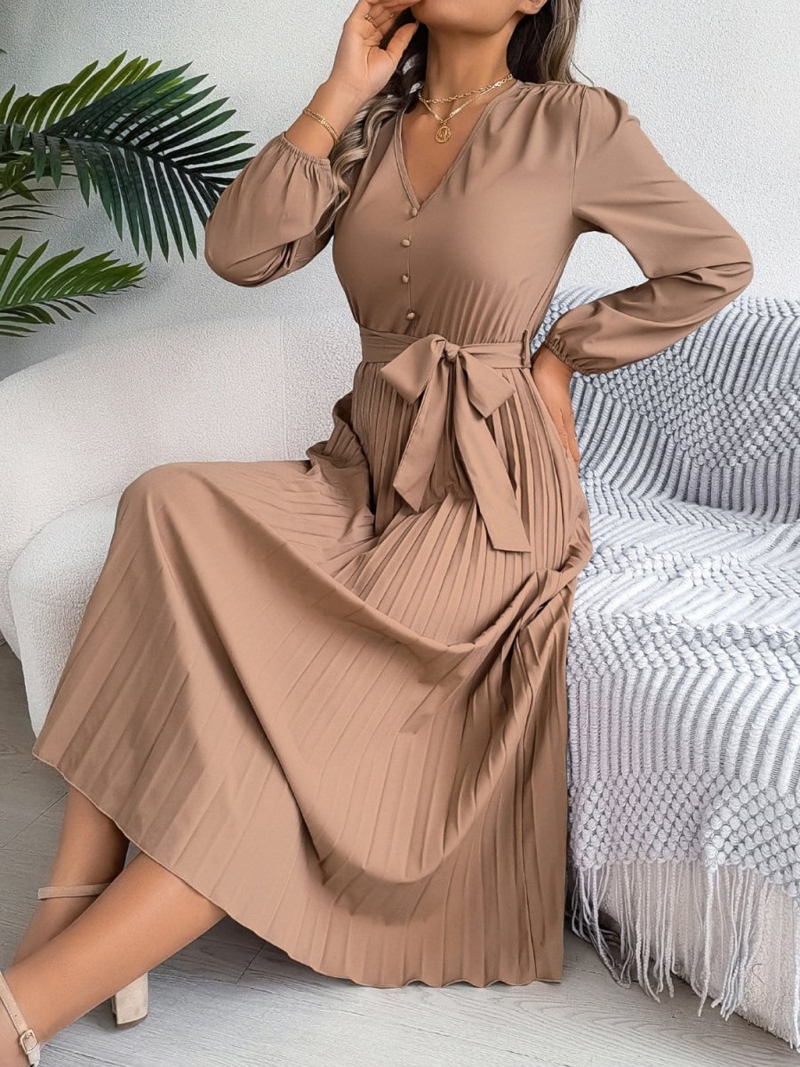 Pleated Tied V - Neck Long Sleeve Dress - Casual Dress