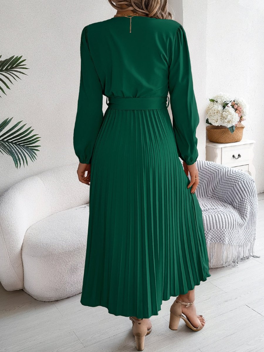 Pleated Tied V - Neck Long Sleeve Dress - Casual Dress