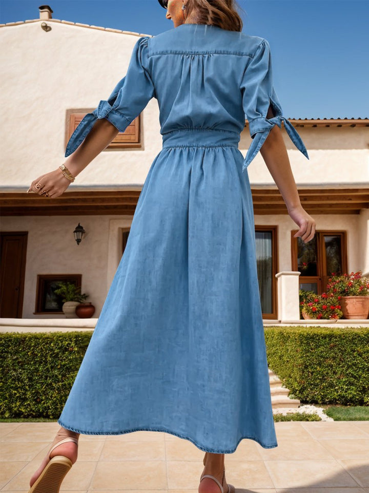 Plunge Button Up Half Sleeve Denim Dress - Denim Dress