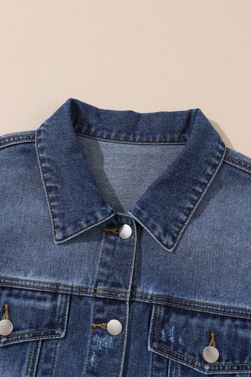 Plus Size Distressed Button Up Raw Hem Denim Jacket - Outerwear