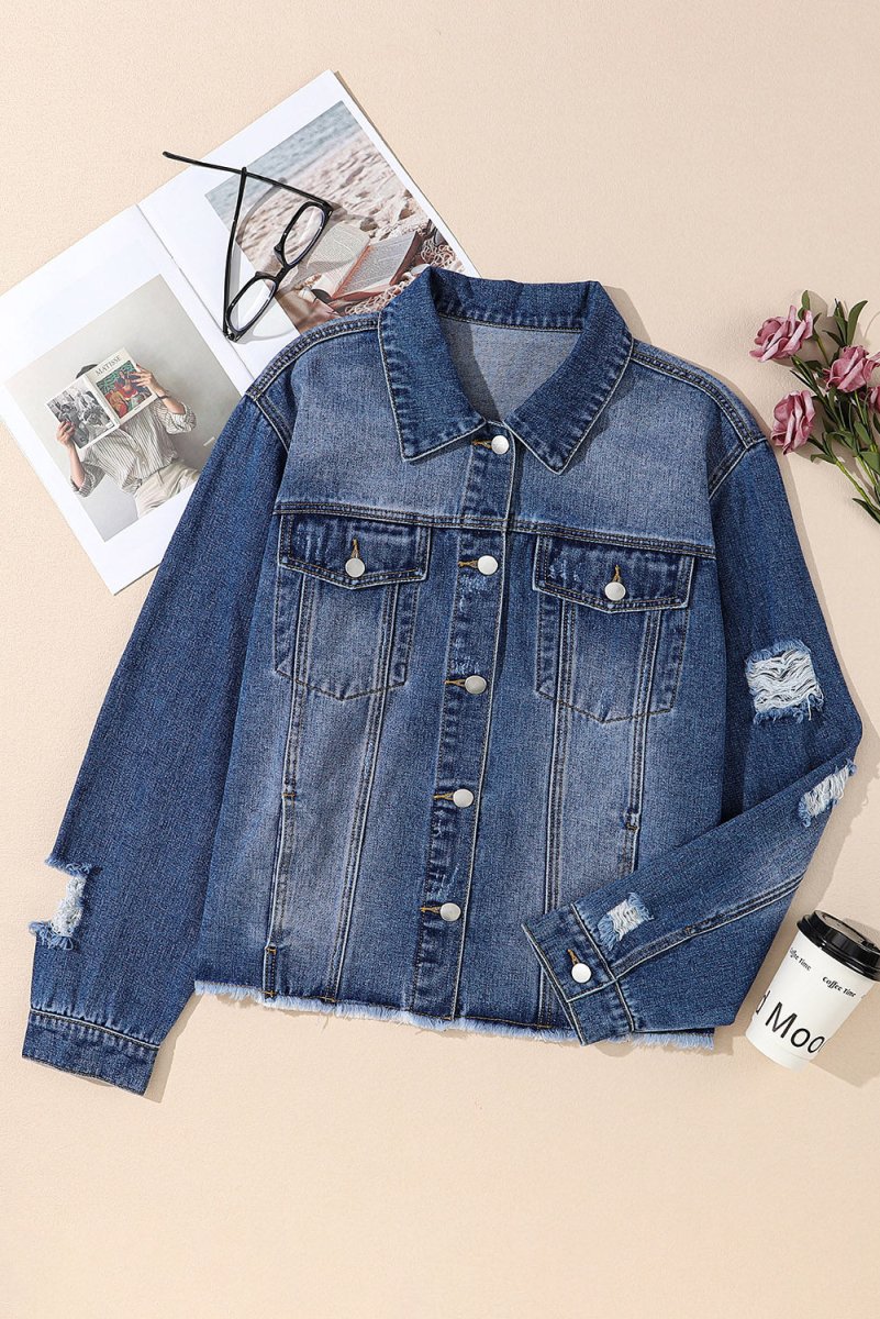 Plus Size Distressed Button Up Raw Hem Denim Jacket - Outerwear