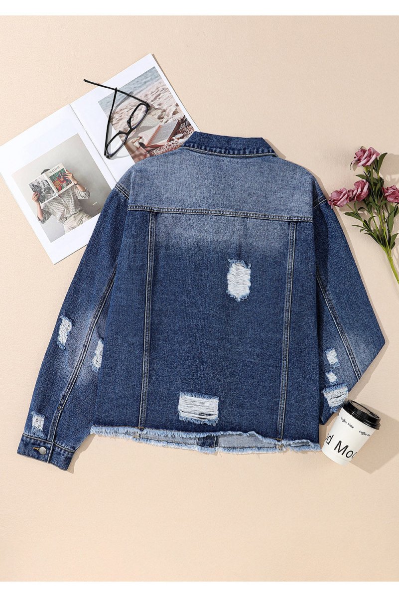 Plus Size Distressed Button Up Raw Hem Denim Jacket - Outerwear