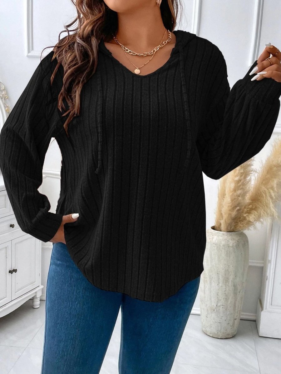 Plus Size Drawstring Dropped Shoulder Hooded T-Shirt - Top