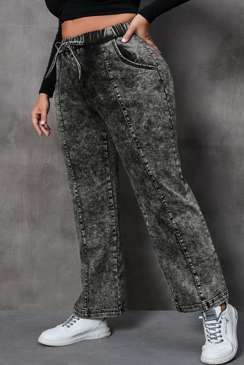 Plus Size Drawstring Pocketed Straight Jeans - Bottoms