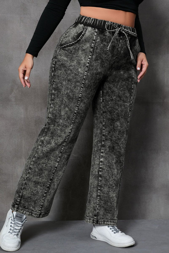 Plus Size Drawstring Pocketed Straight Jeans - Bottoms