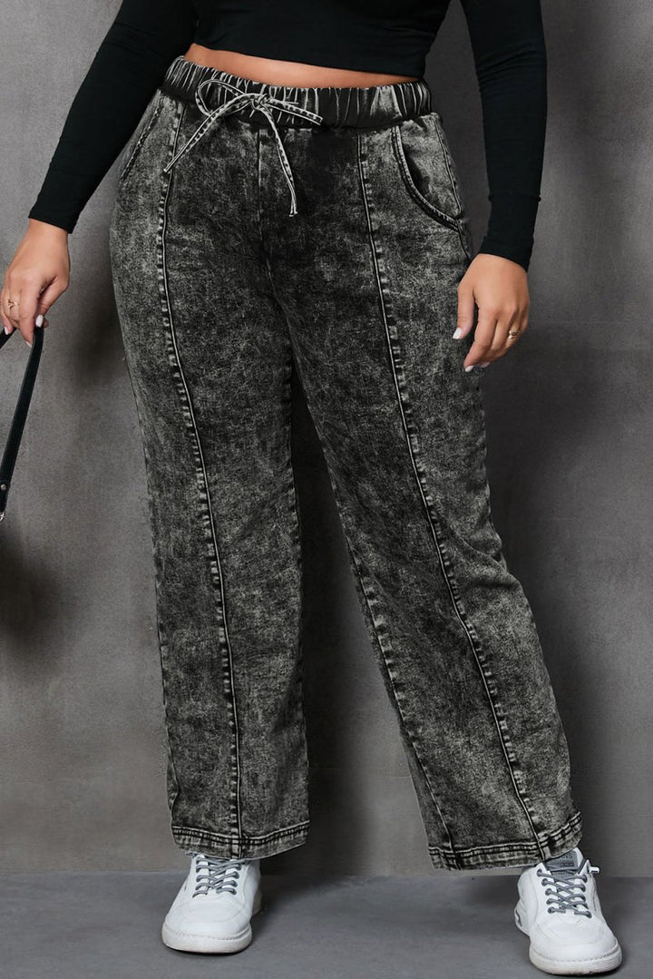 Plus Size Drawstring Pocketed Straight Jeans - Bottoms
