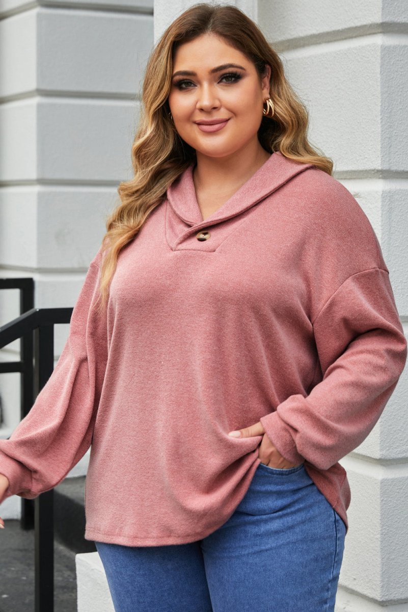 Plus Size Dropped Shoulder Collared Neck T-Shirt - Top