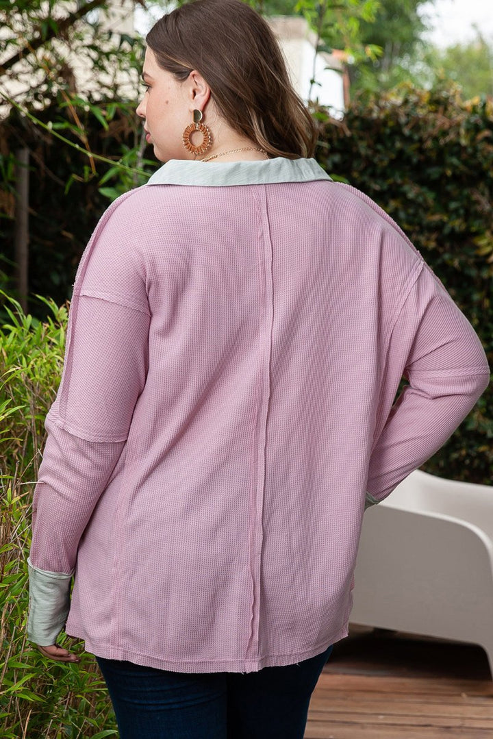 Plus Size Exposed Seam Johnny Collar Long Sleeve T-Shirt - Top