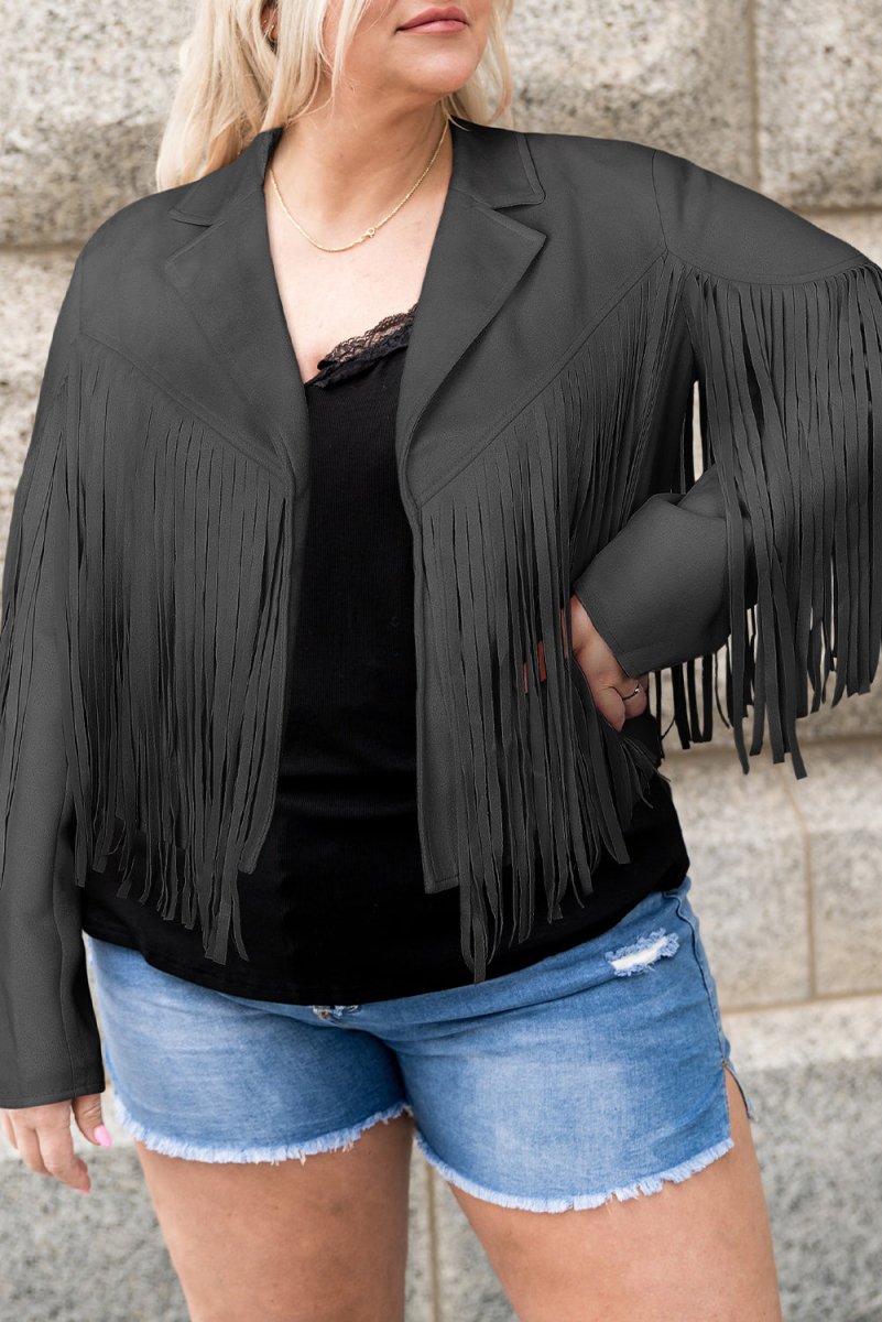 Plus Size Fringe Open Front Jacket - Outerwear