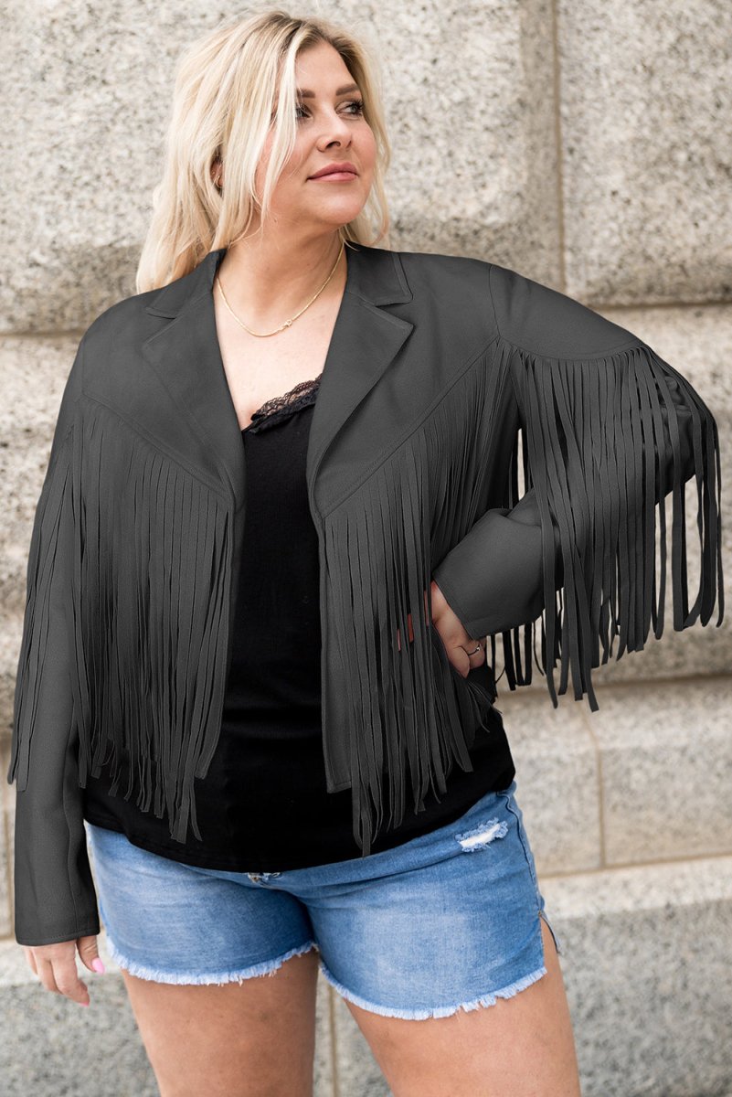Plus Size Fringe Open Front Jacket - Outerwear