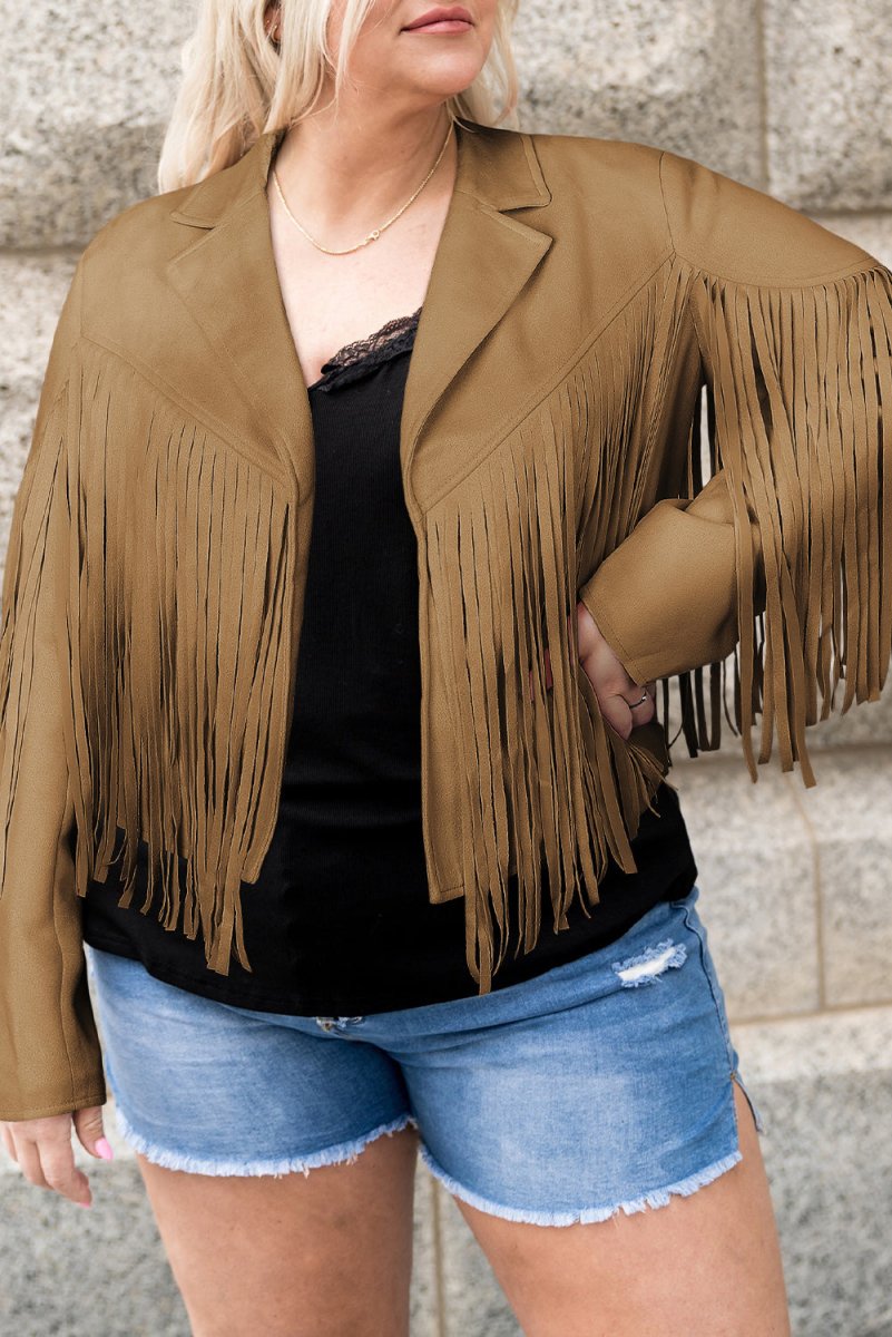 Plus Size Fringe Open Front Jacket - Outerwear