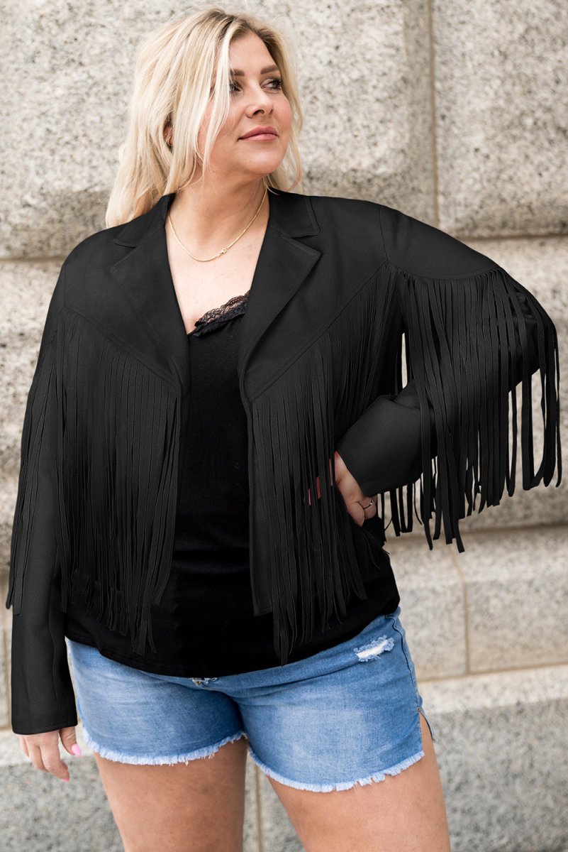 Plus Size Fringe Open Front Jacket - Outerwear