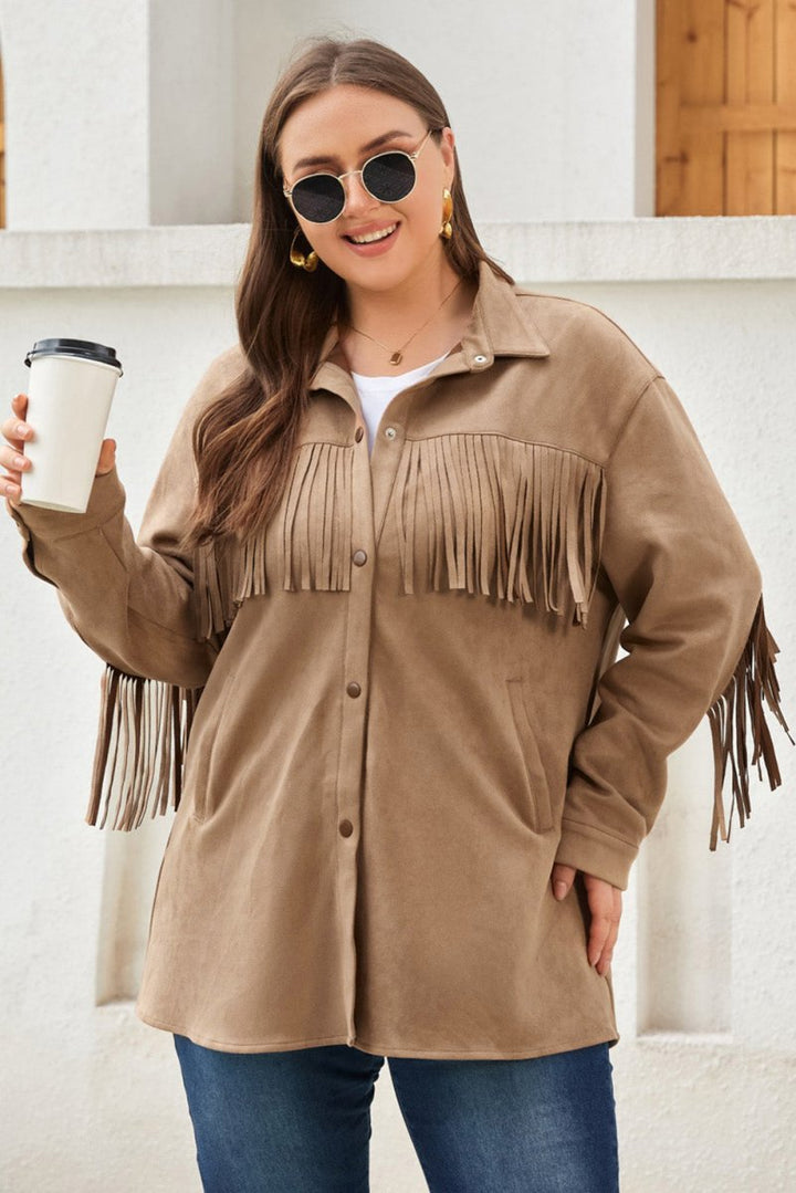 Plus Size Fringe Trim Snap Down Long Sleeve Shacket - Outerwear
