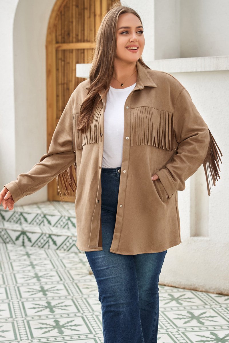 Plus Size Fringe Trim Snap Down Long Sleeve Shacket - Outerwear