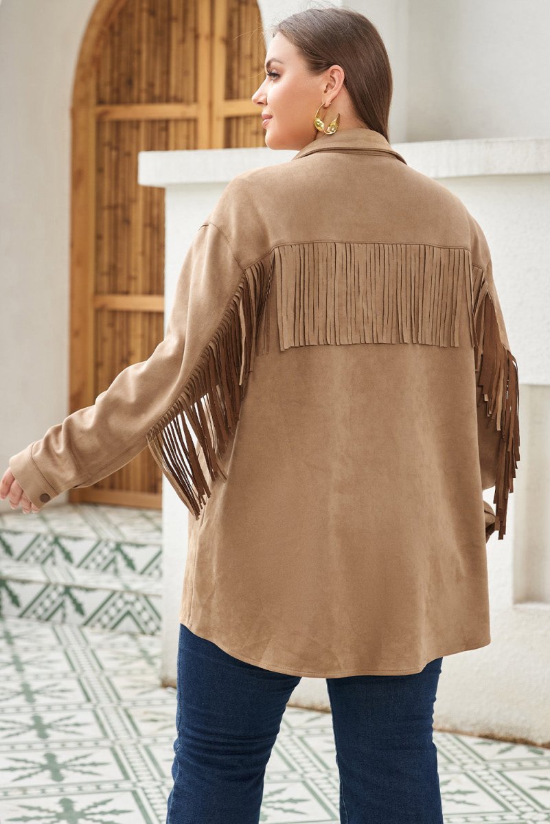 Plus Size Fringe Trim Snap Down Long Sleeve Shacket - Outerwear
