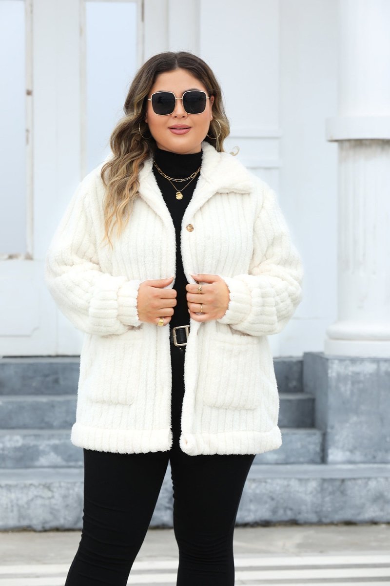 Plus Size Fuzzy Collared Neck Long Sleeve Jacket - Outerwear
