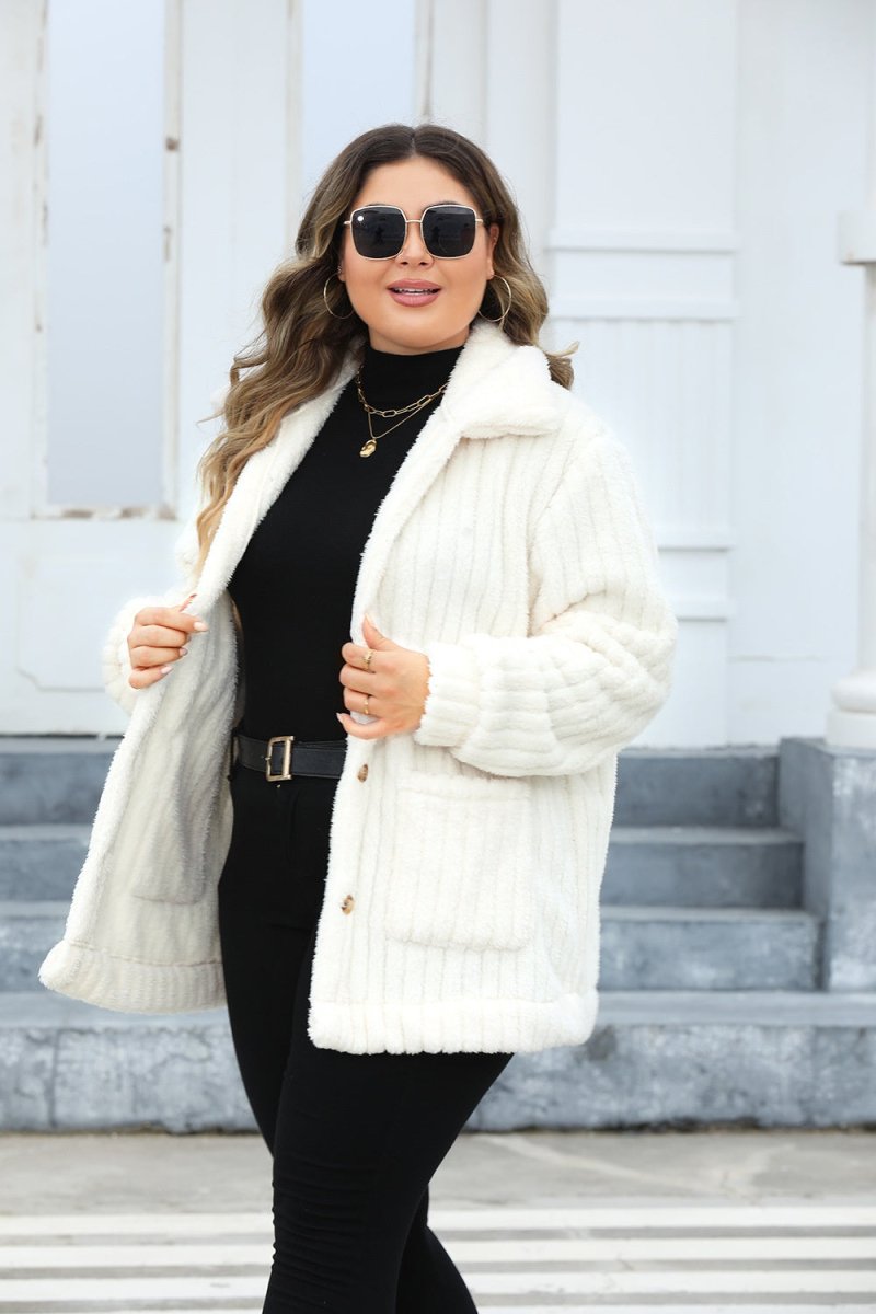 Plus Size Fuzzy Collared Neck Long Sleeve Jacket - Outerwear