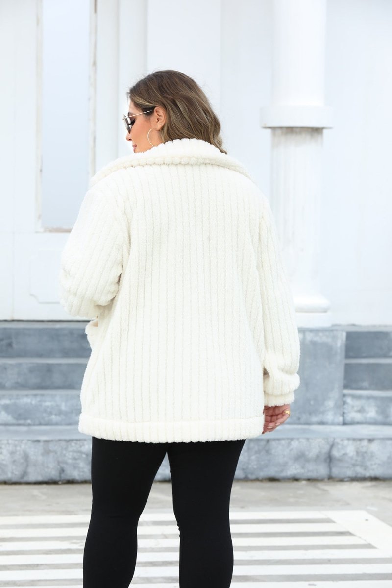 Plus Size Fuzzy Collared Neck Long Sleeve Jacket - Outerwear