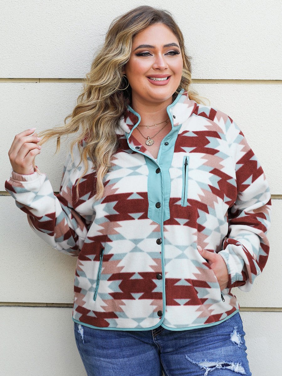 Plus Size Geometric Snap Down Long Sleeve Jacket - Outerwear
