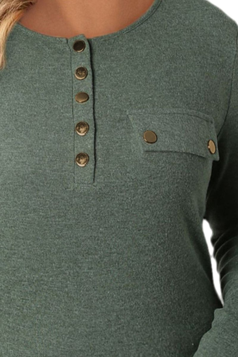 Plus Size Half Snap Long Sleeve T-Shirt - Top