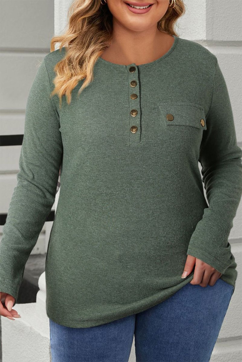 Plus Size Half Snap Long Sleeve T-Shirt - Top