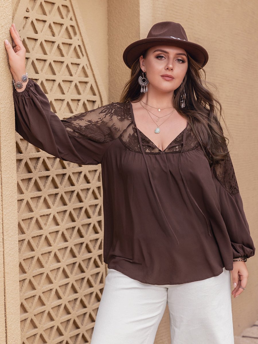 Plus Size Lace Detail Tie Neck Long Sleeve Blouse - Top
