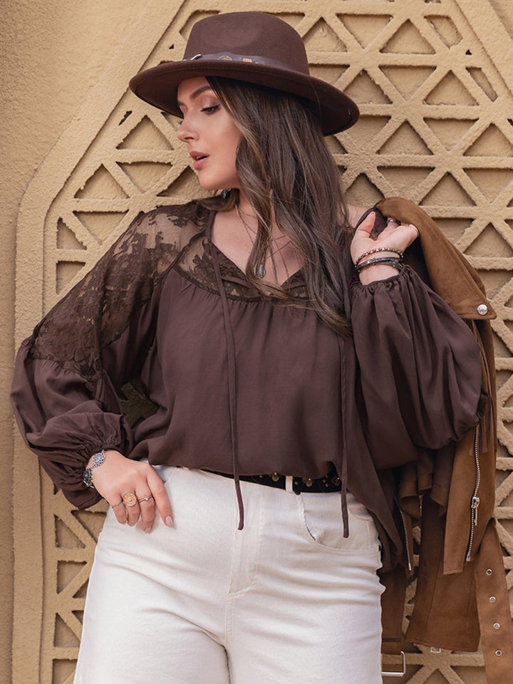 Plus Size Lace Detail Tie Neck Long Sleeve Blouse - Top