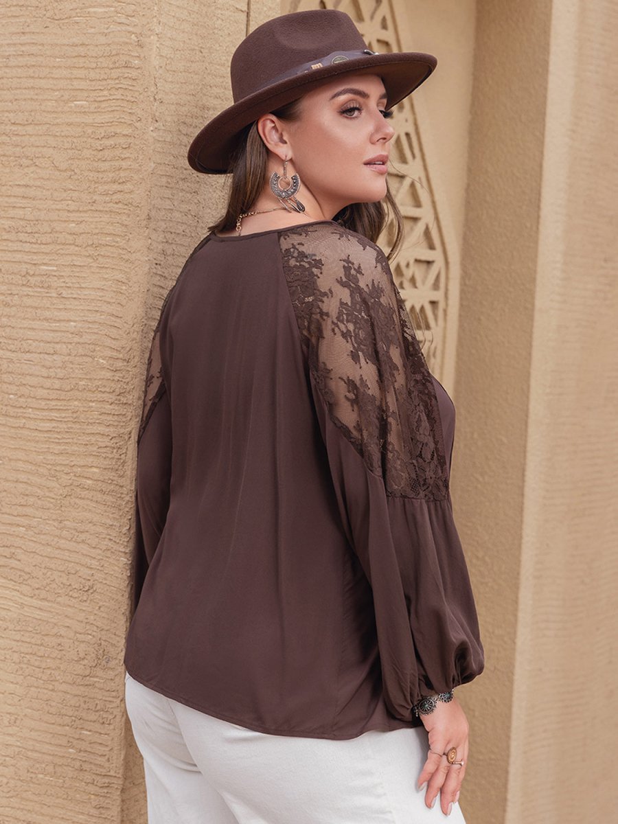 Plus Size Lace Detail Tie Neck Long Sleeve Blouse - Top